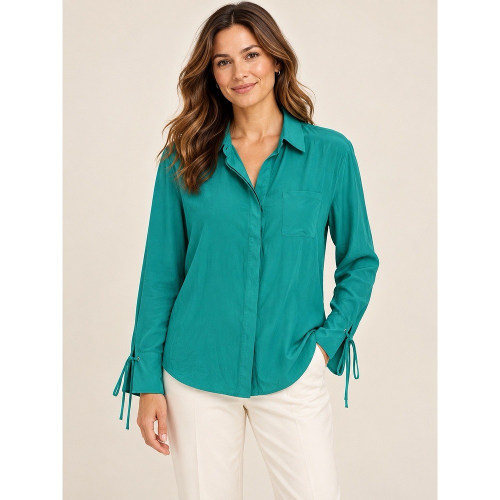 Talbots Washable Silk Blouse Women L Teal Button Down Lace Up Cuffs Pocket Shirt